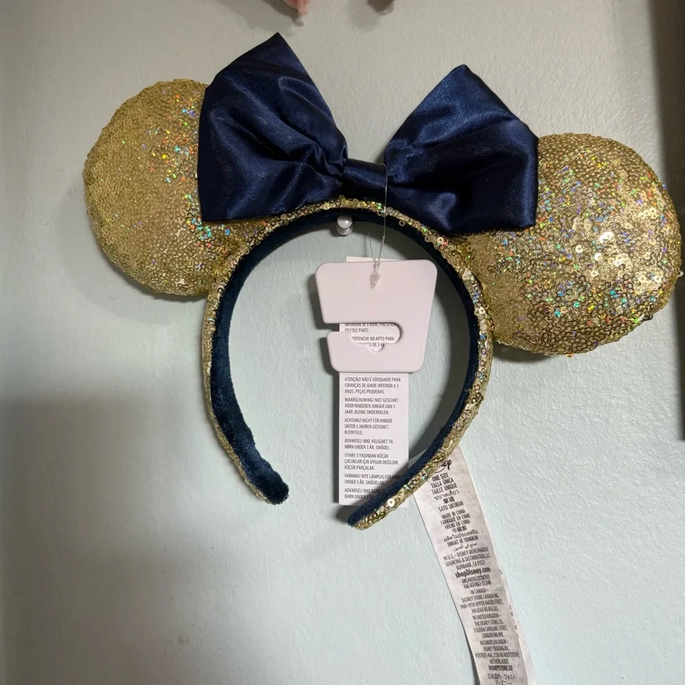 Disney Parks Minnie Mouse Gold Sequin Navy Blue Satin Bow‎ Ear Headband NWT